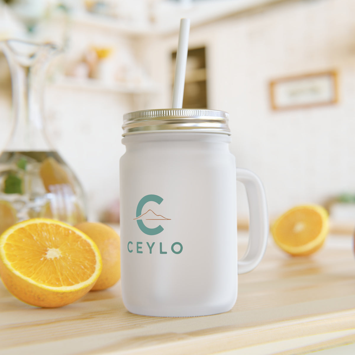 CEYLO Tea Logo Mason Jar Tumbler — Frosted Glass Mason Jar with Straw