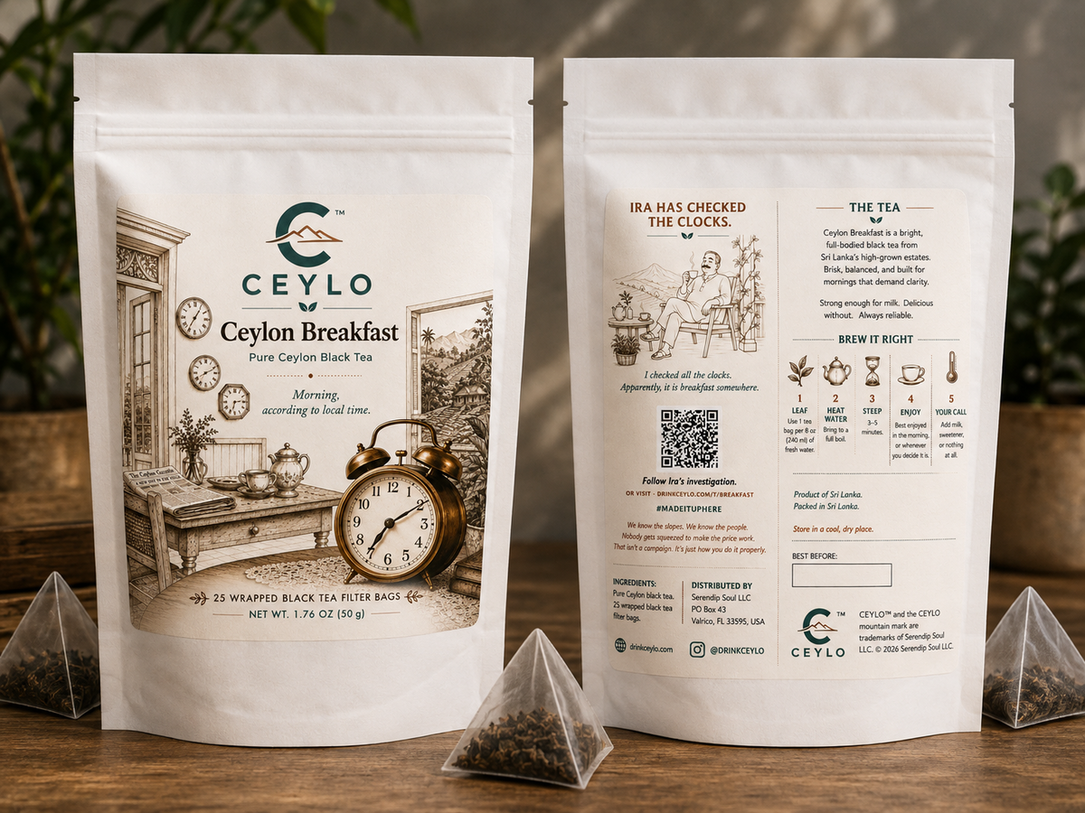 CEYLO Ceylon Breakfast Tea pouch, front and back
