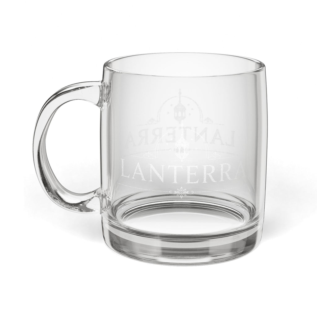 LANTERRA Engraved Glass Coffee Mug — 12.25oz Clear Mug with Subtle Logo