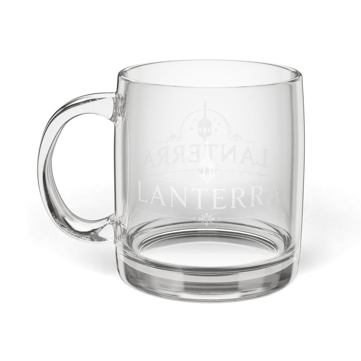 LANTERRA Engraved Glass Coffee Mug — 12.25oz Clear Mug with Subtle Logo