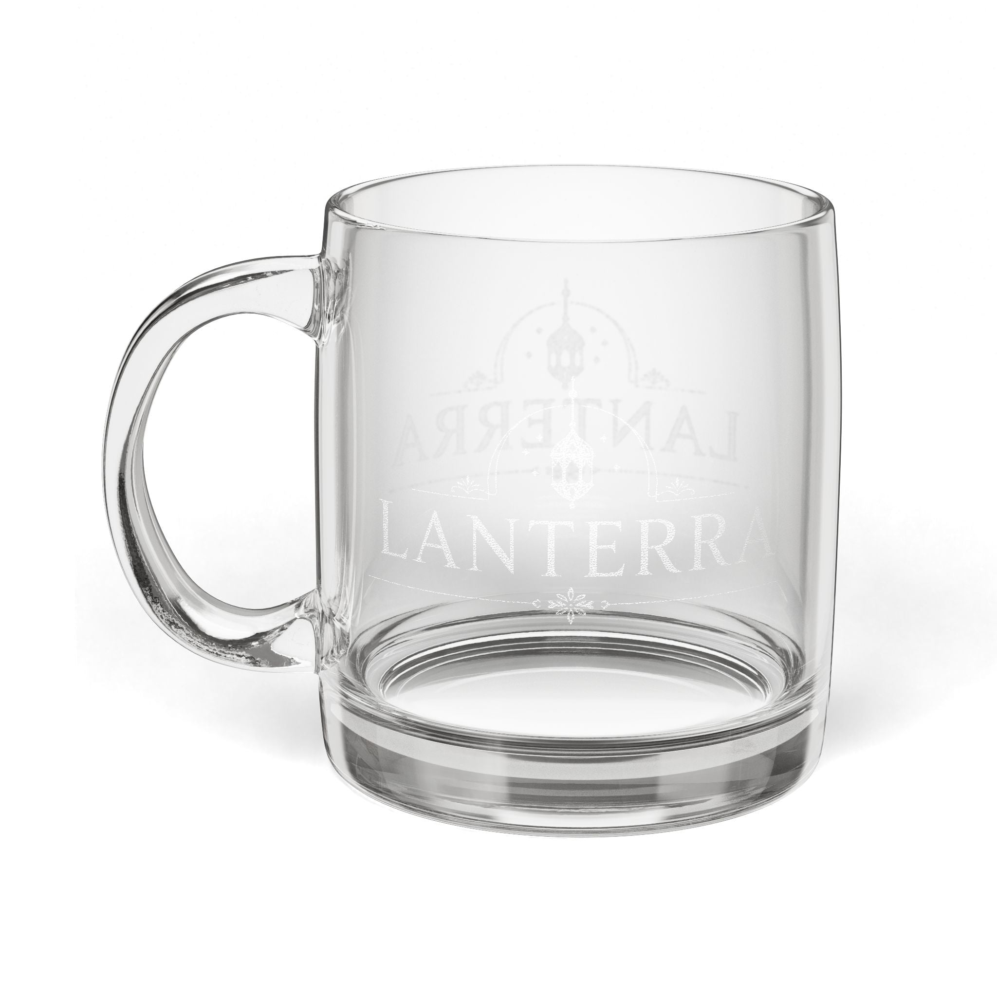 LANTERRA Engraved Glass Coffee Mug — 12.25oz Clear Mug with Subtle Logo