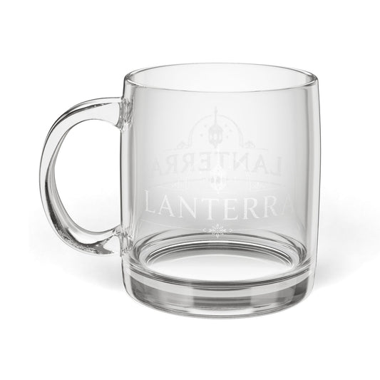 LANTERRA Engraved Glass Coffee Mug — 12.25oz Clear Mug with Subtle Logo