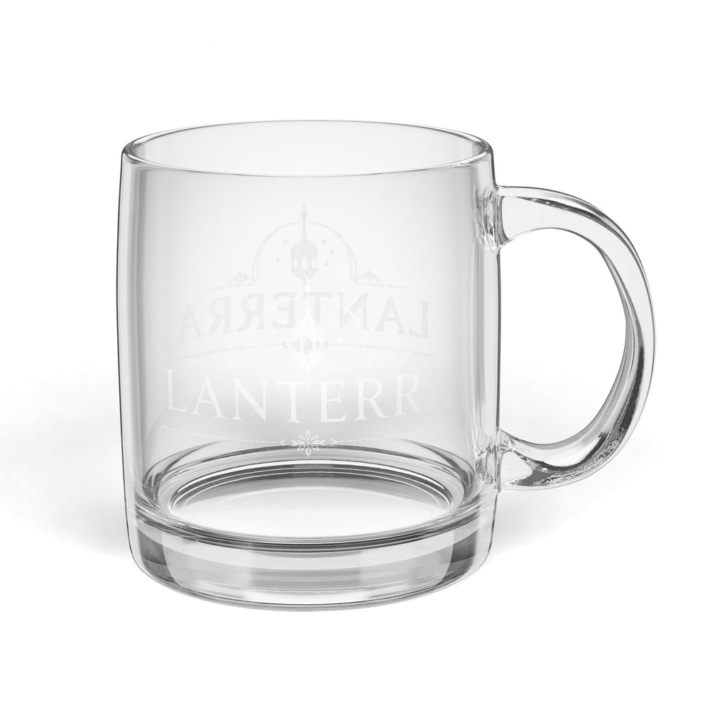 LANTERRA Engraved Glass Coffee Mug — 12.25oz Clear Mug with Subtle Logo