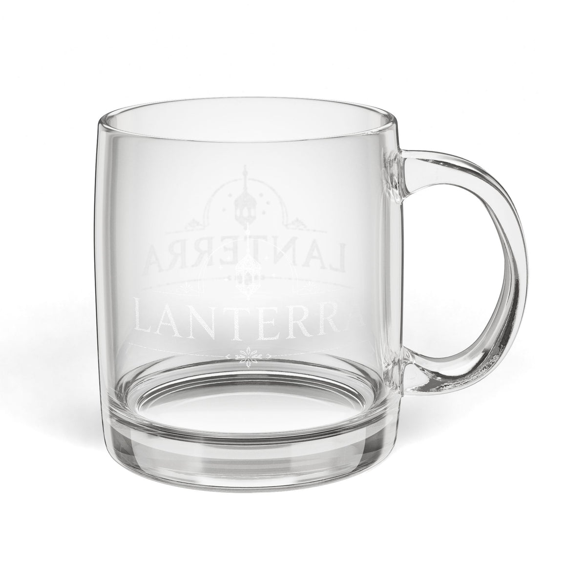 LANTERRA Engraved Glass Coffee Mug — 12.25oz Clear Mug with Subtle Logo