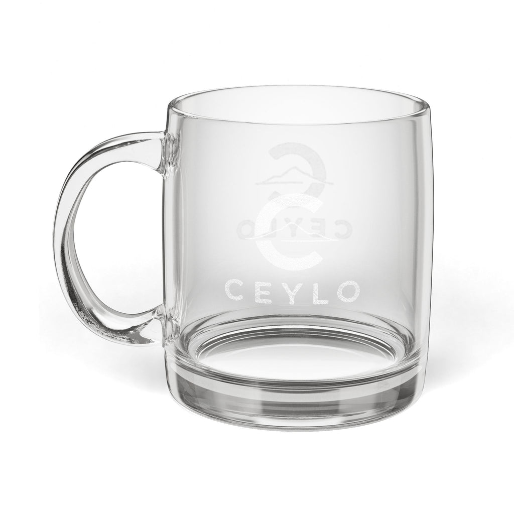 CEYLO Engraved Glass Coffee Mug — 12.25oz Clear Mug with Subtle Logo