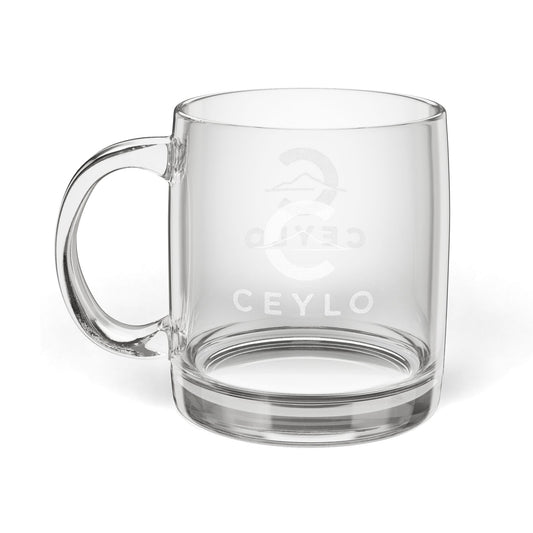 CEYLO Engraved Glass Coffee Mug — 12.25oz Clear Mug with Subtle Logo