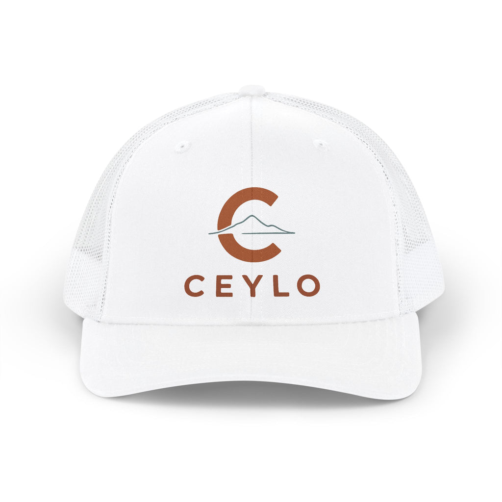 CEYLO Mountain Logo Trucker Cap — White Snapback Mesh Hat