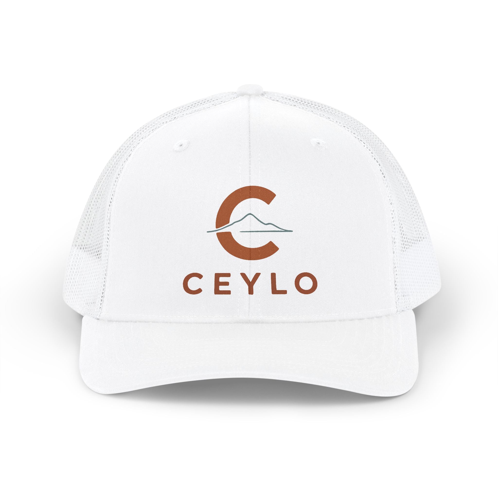 CEYLO Mountain Logo Trucker Cap — White Snapback Mesh Hat