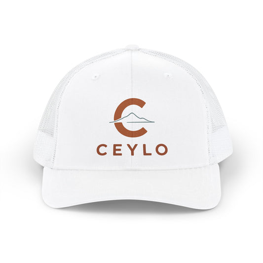 CEYLO Mountain Logo Trucker Cap — White Snapback Mesh Hat