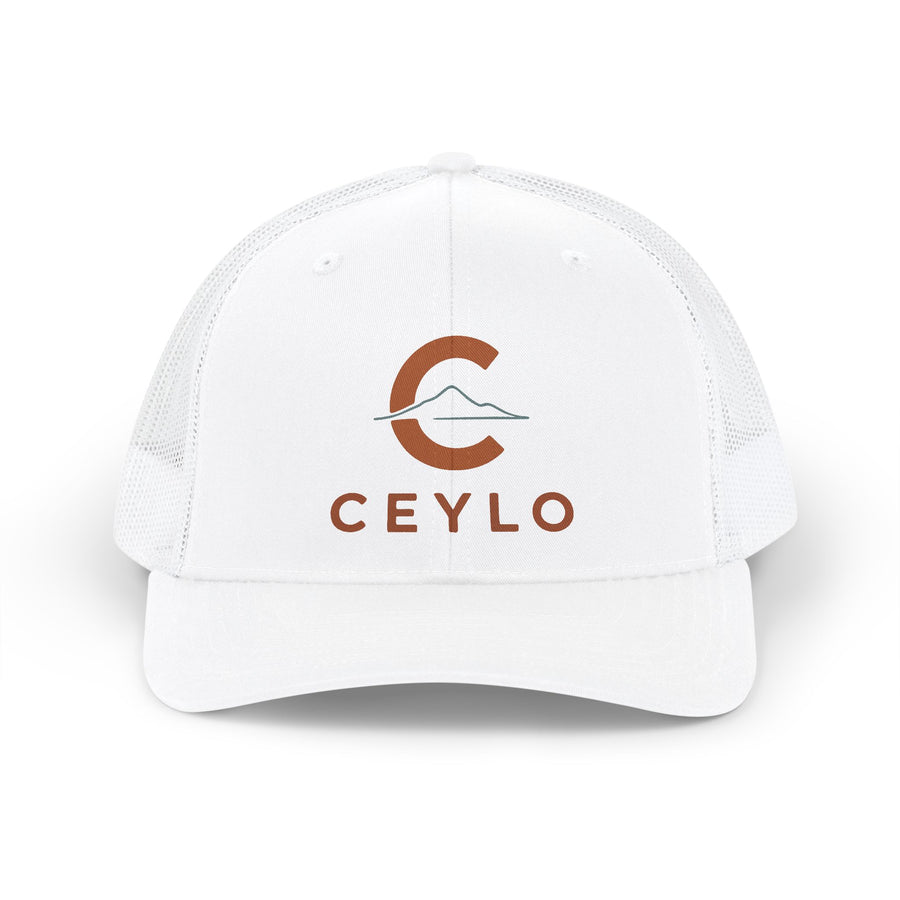 CEYLO Mountain Logo Trucker Cap — White Snapback Mesh Hat