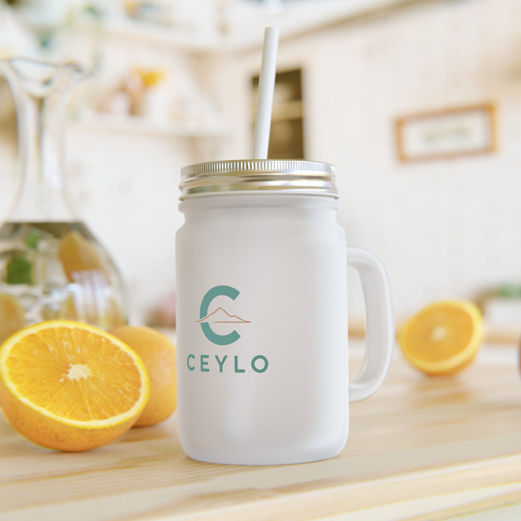 CEYLO Tea Logo Mason Jar Tumbler — Frosted Glass Mason Jar with Straw