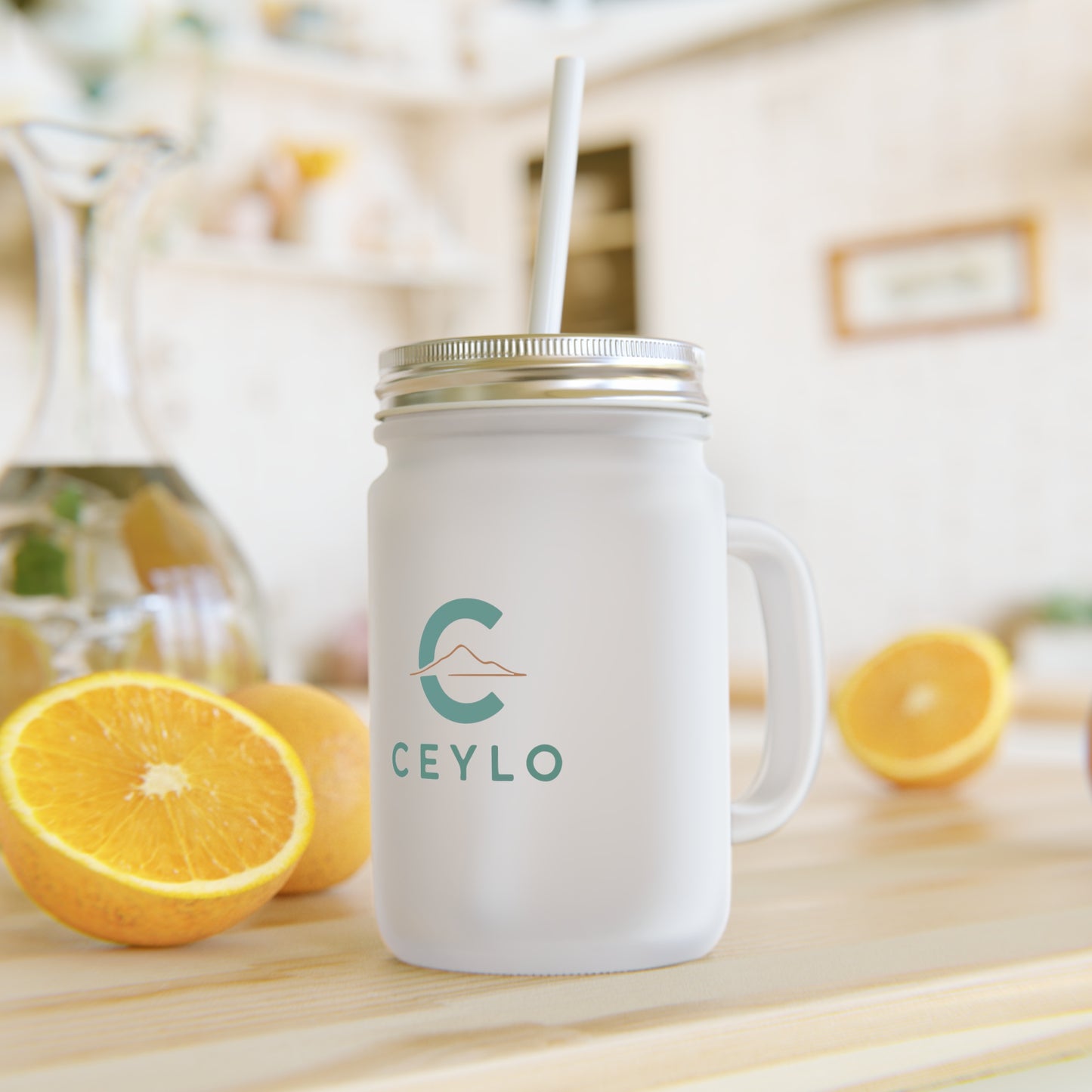 CEYLO Tea Logo Mason Jar Tumbler — Frosted Glass Mason Jar with Straw
