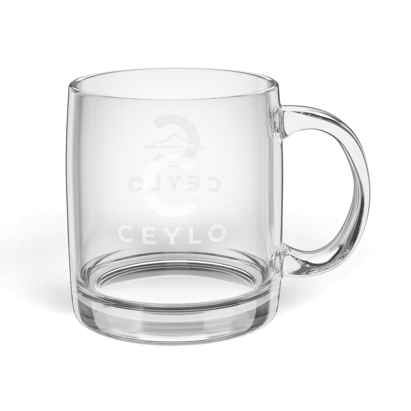 CEYLO Engraved Glass Coffee Mug — 12.25oz Clear Mug with Subtle Logo