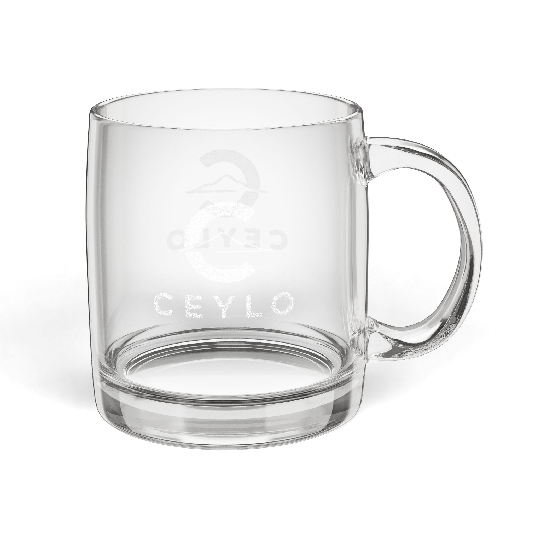 CEYLO Engraved Glass Coffee Mug — 12.25oz Clear Mug with Subtle Logo