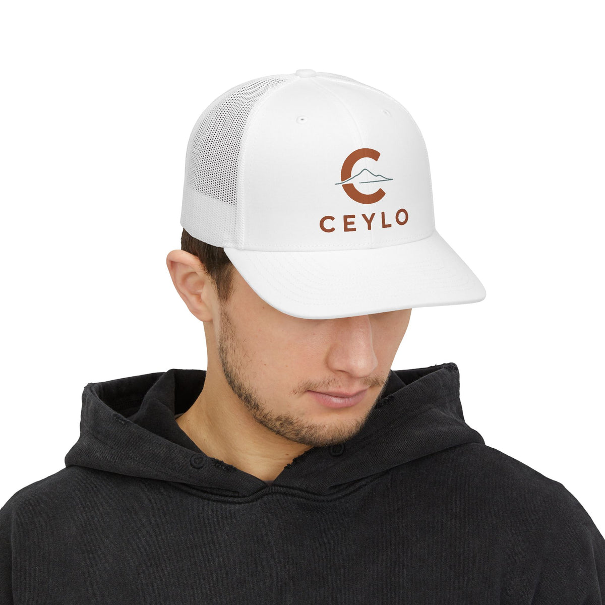 CEYLO Mountain Logo Trucker Cap — White Snapback Mesh Hat
