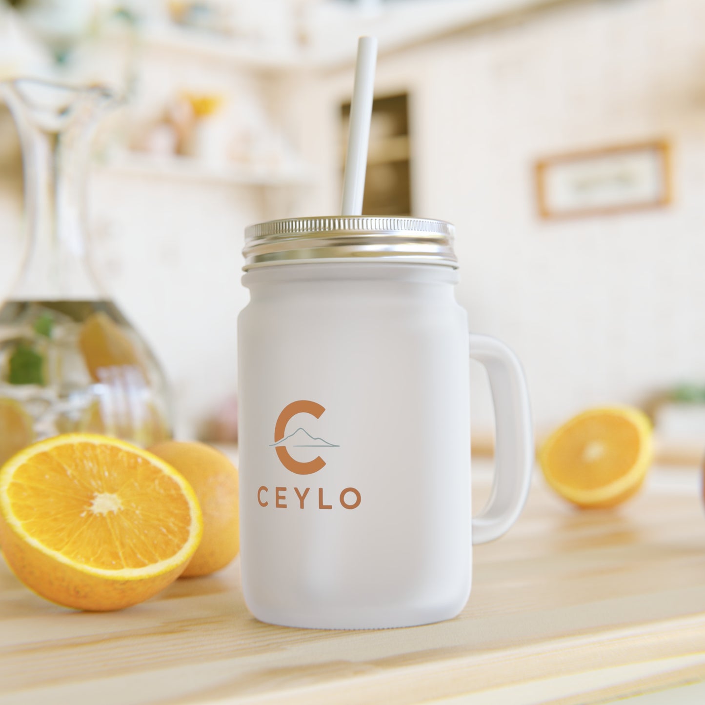 CEYLO Coffee Logo Mason Jar Tumbler — Frosted Glass Mason Jar with Straw