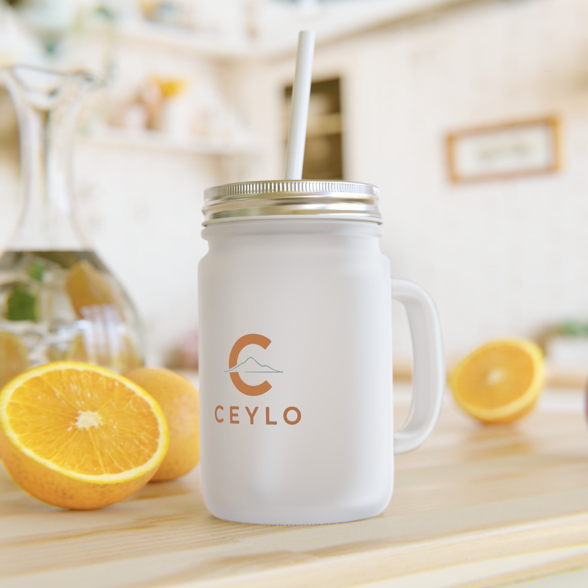 CEYLO Coffee Logo Mason Jar Tumbler — Frosted Glass Mason Jar with Straw