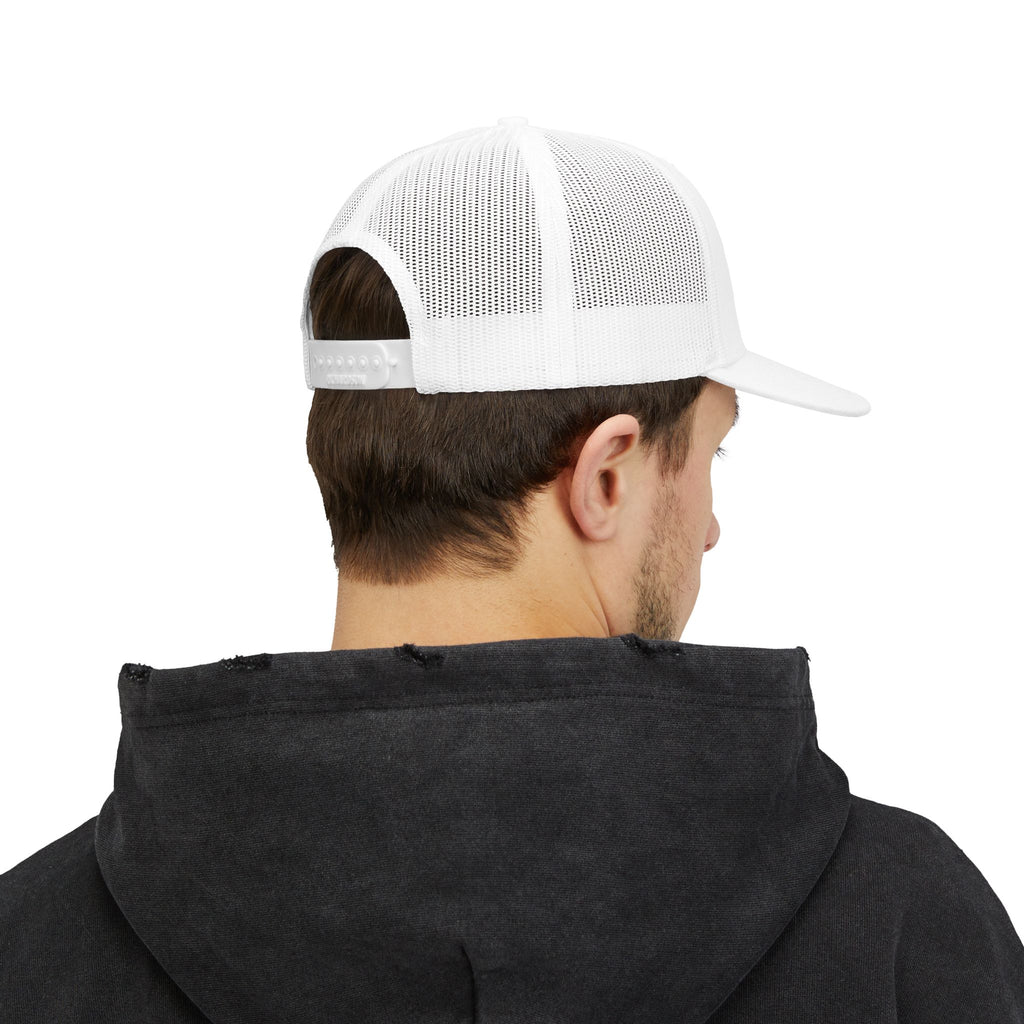 CEYLO Mountain Logo Trucker Cap — White Snapback Mesh Hat