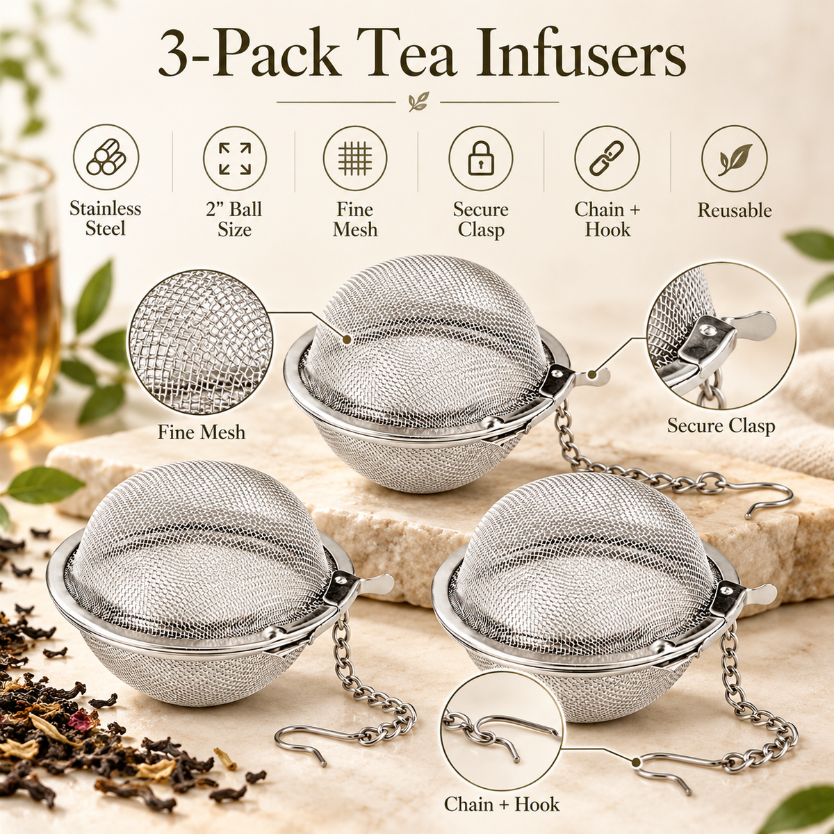 2" Infusion Balls, Set of 3 | Stainless Steel | Tea Strainers