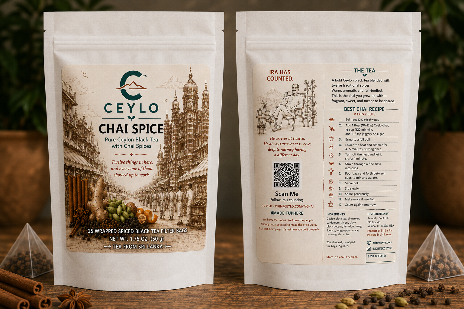 CEYLO Chai Spice Tea pouch, front and back