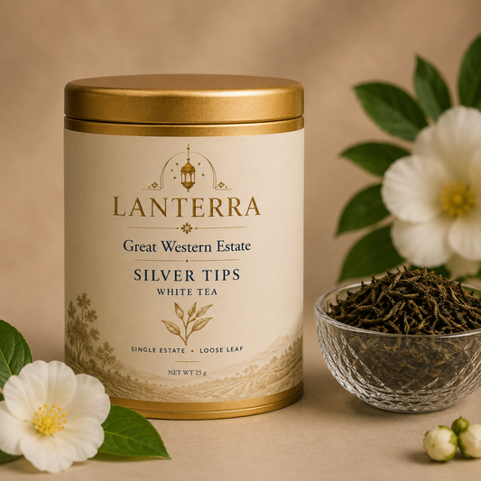 Lanterra Great Western Estate Silver Tips White Tea tin with loose leaf tea