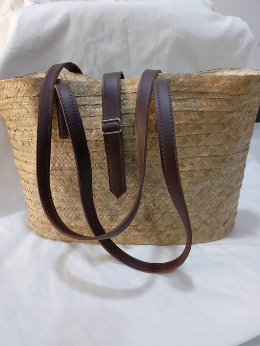 Natural woven market basket with long leather straps by Magampura Handicrafts, reference A10