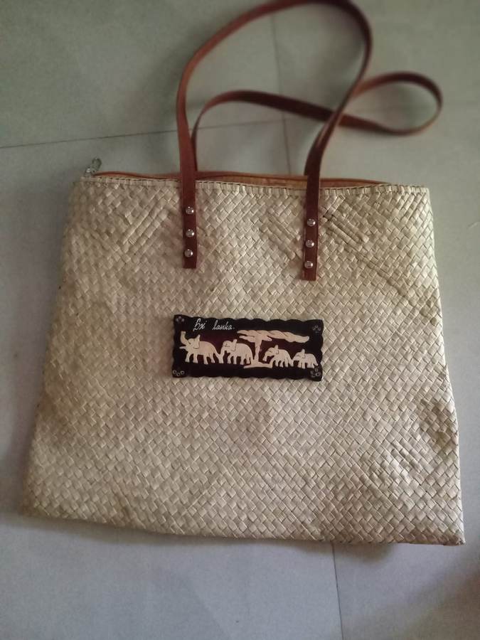 Large natural woven tote with elephant panel by Magampura Handicrafts, reference A12