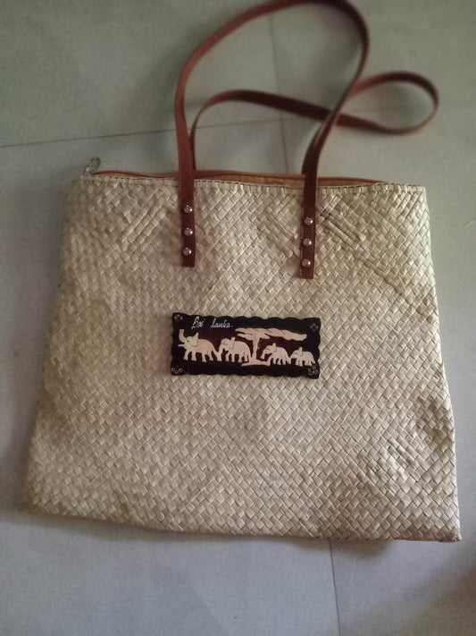 Large natural woven tote with elephant panel by Magampura Handicrafts, reference A12