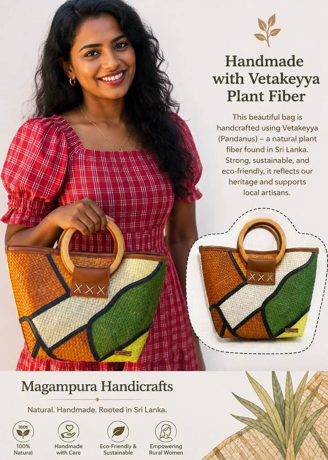 Vetakeyya patchwork tote with wooden ring handle by Magampura Handicrafts, reference A2