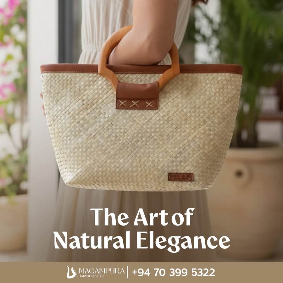 Natural woven tote with wooden ring handles and leather top trim, reference A4