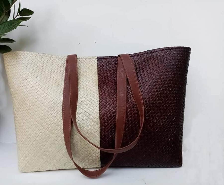 Burgundy and natural colorblock tote by Magampura Handicrafts, reference A6
