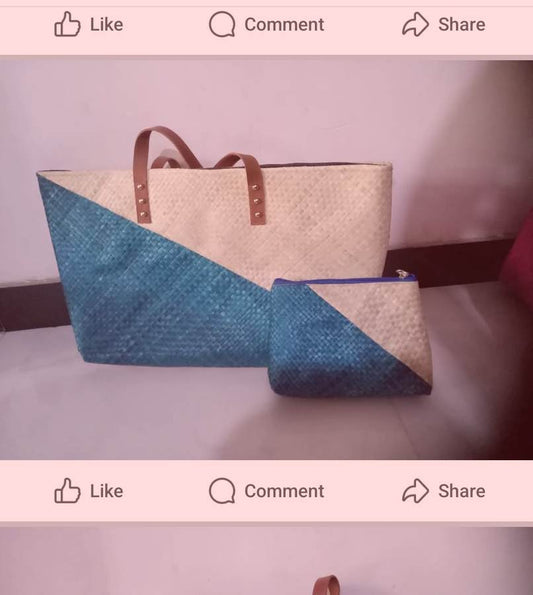 Teal and natural colorblock tote with matching zip pouch by Magampura Handicrafts, reference A6