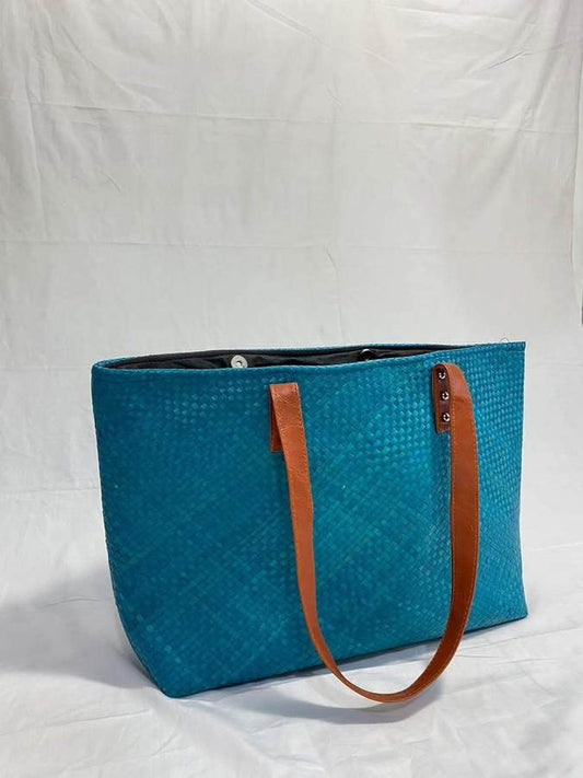 Solid teal woven tote with leather straps by Magampura Handicrafts, reference A7