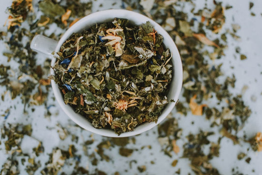 Loose leaf tea in a ceramic bowl