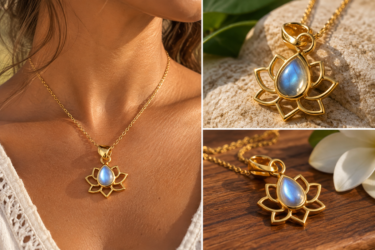 Lotus Pendant Necklace, gold vermeil lotus with a teardrop Sri Lankan moonstone
