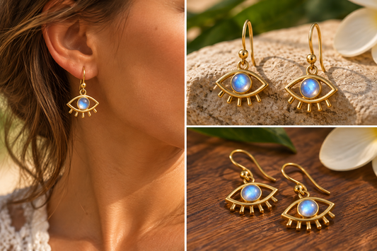 Island Eye Earrings, gold vermeil eye drops with Sri Lankan moonstone