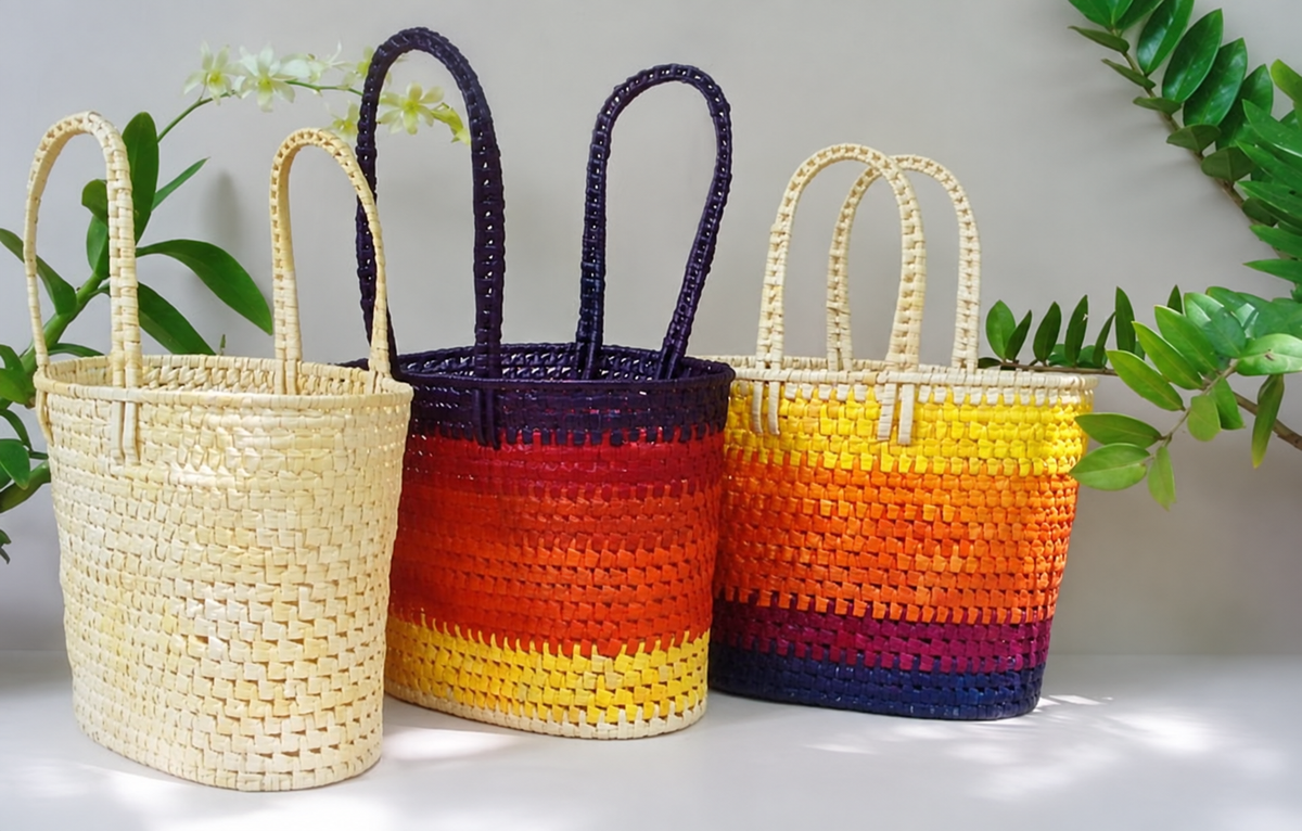 Crochet Baskets — natural and striped examples
