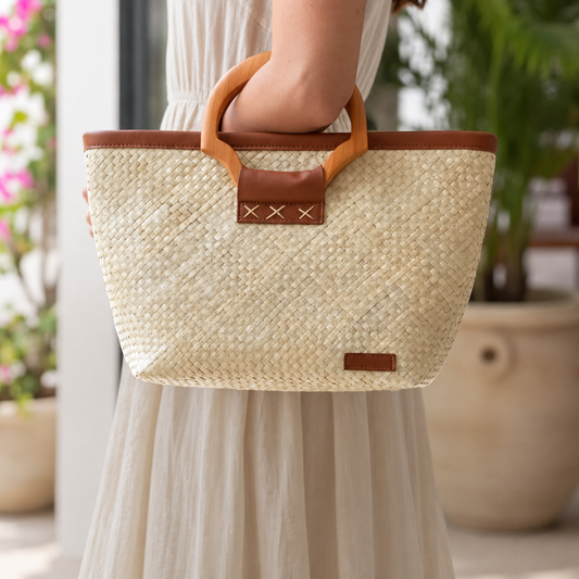 Tote with Wooden Ring Handles and Leather Top Trim