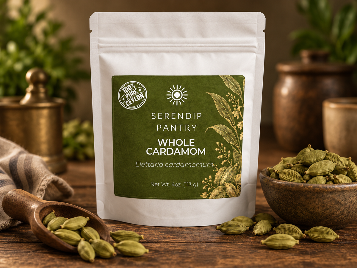Serendip Pantry Whole Cardamom 4 oz pouch with Sri Lankan green cardamom